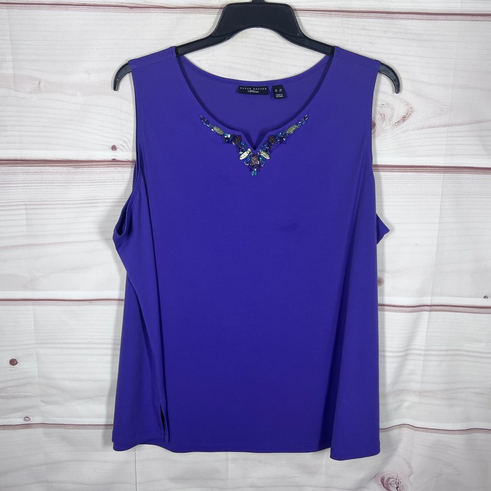 Susan Graver Tank Top Womens 3X Purple Artisan Beaded V-Neck Sleeveless A265012